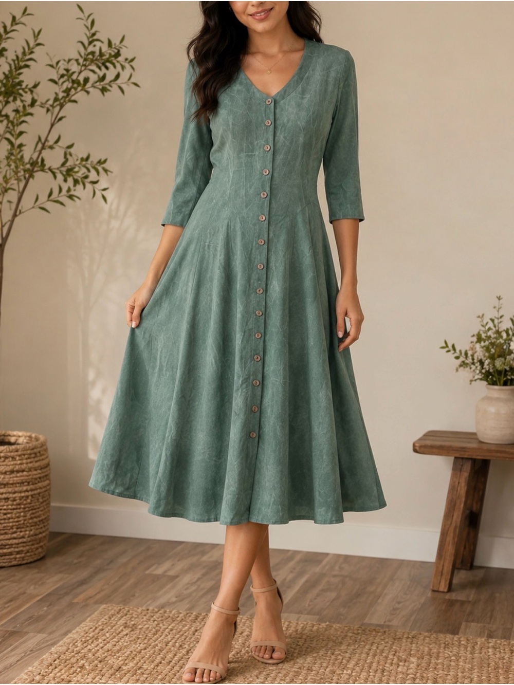 Button-Front V-Neck Midi Dress in Sage Green